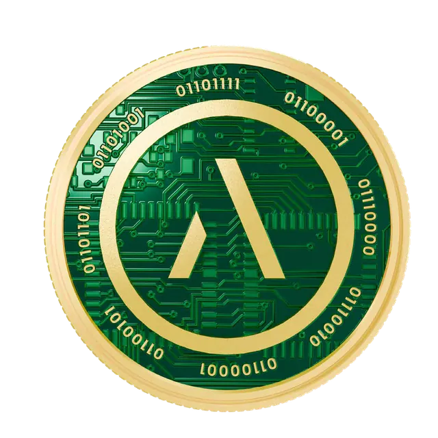 Az APRA token – aranyszegélyű zöld érme, felületén gravírozott áramköri mintával